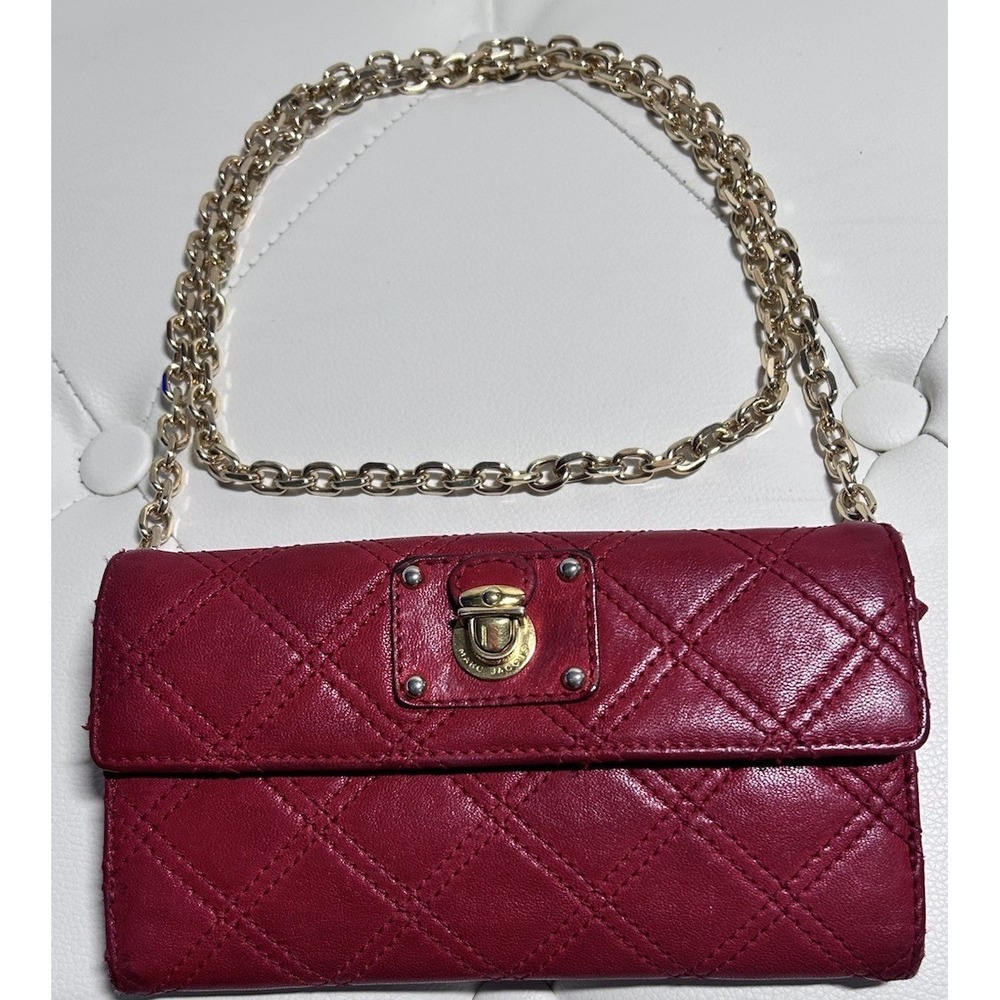 Marc Jacobs Burgundy Clutch Wallet Quilted Leather with Gold Chain